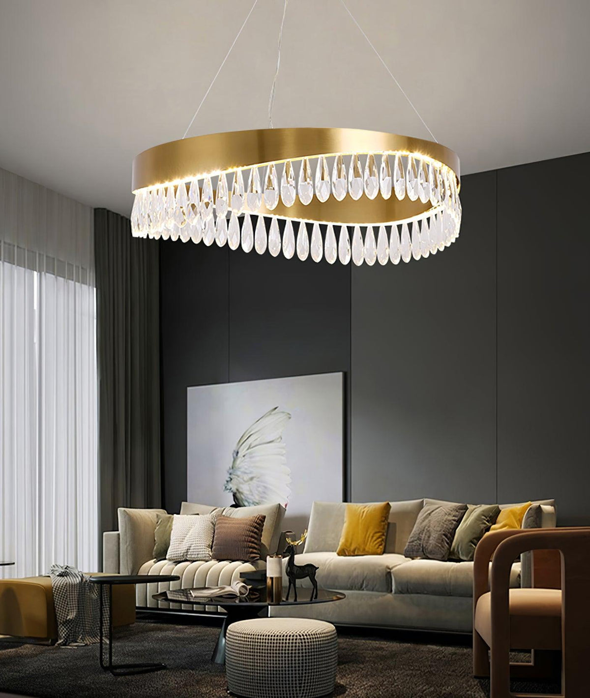 Candeeiro de teto Cana, anel de cristal, LED polido
