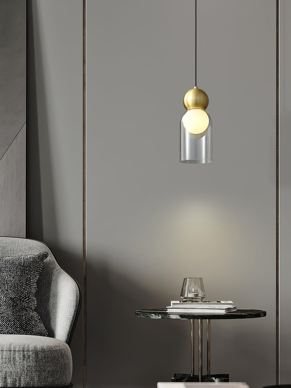 Veloina pendellampe i messing og glas, nordisk, geometrisk
