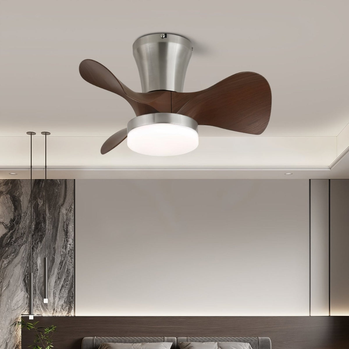 Nera moderne loftsventilator med lys i træ