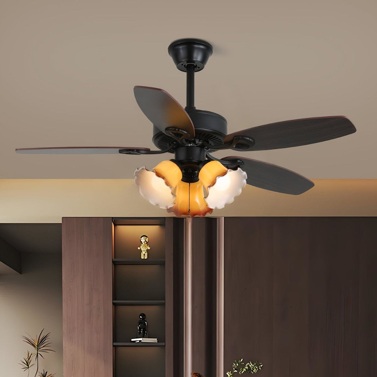Calviera vintage takfläkt med lampa i trä och glas