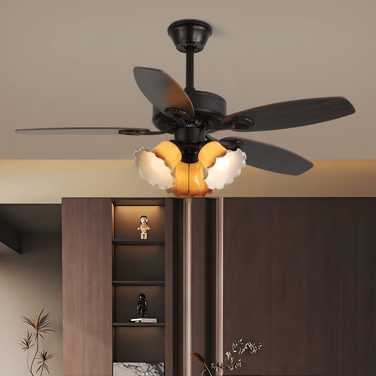 Calviera vintage takfläkt med lampa i trä och glas