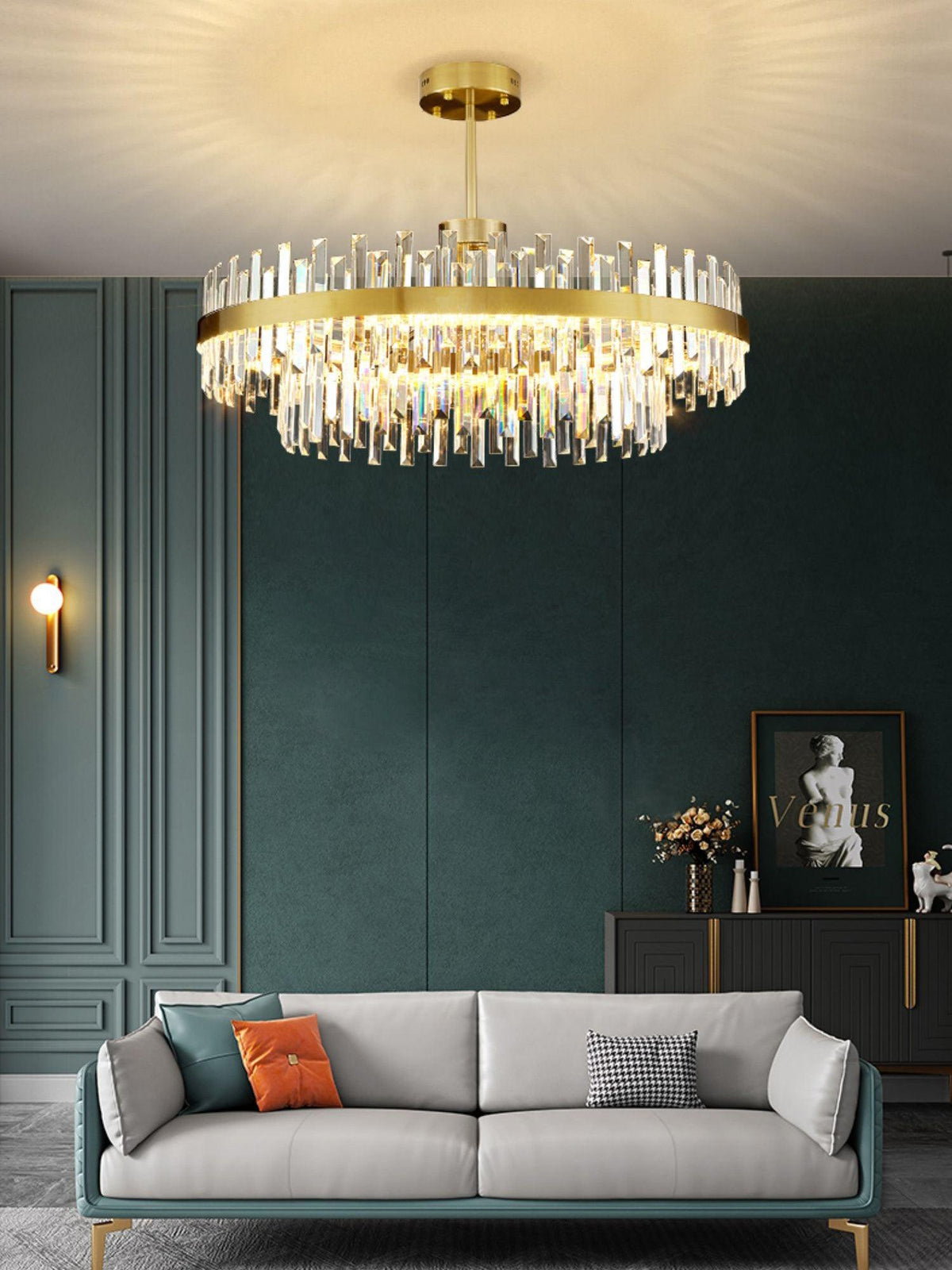 Candeeiro de teto Elyeira em latão e cristal, elegante, tipo tambor