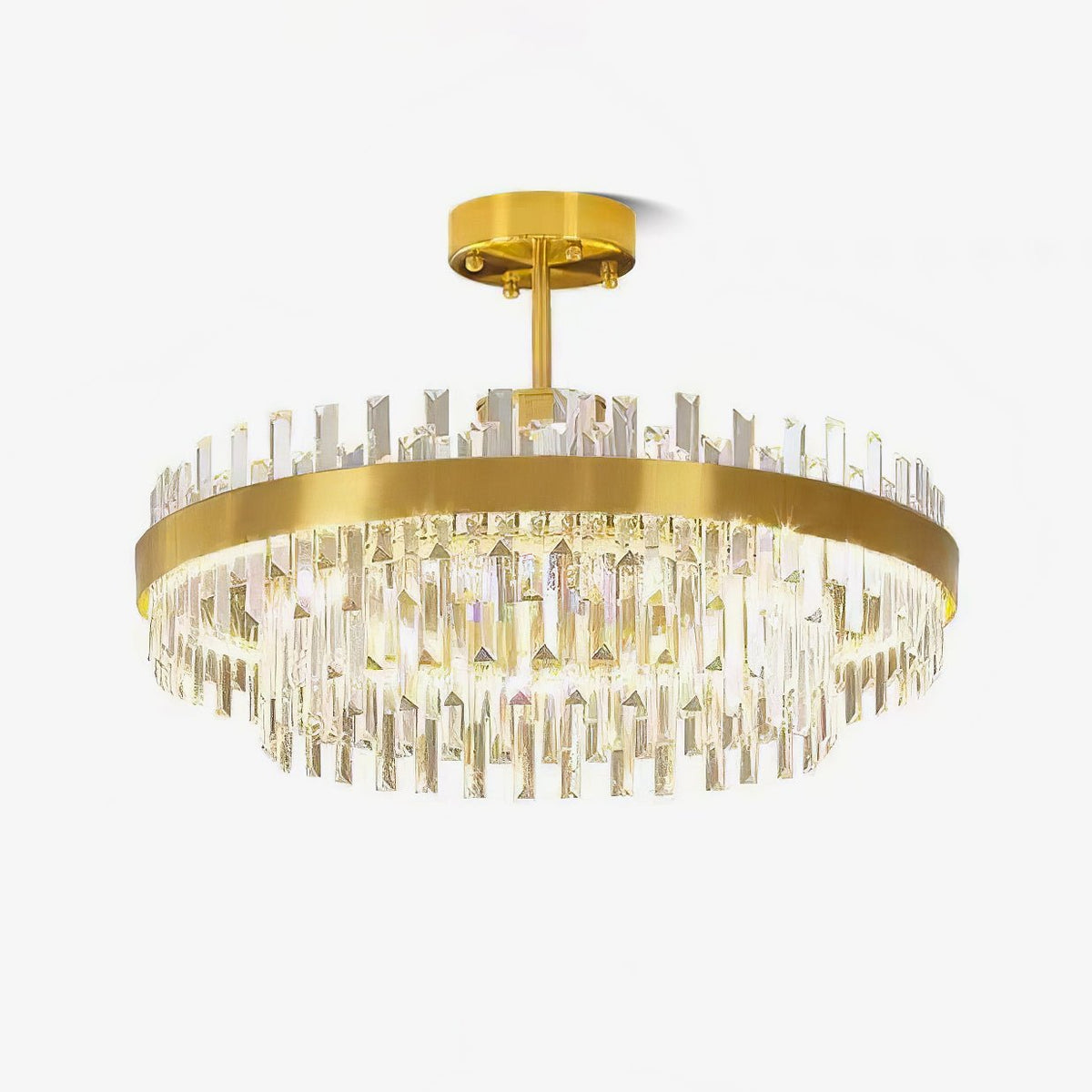 Candeeiro de teto Elyeira em latão e cristal, elegante, tipo tambor
