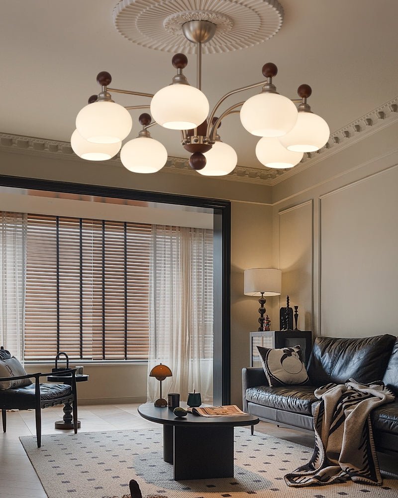 Ivloria traditionel elegant orbitformet lysekrone i træ og glas