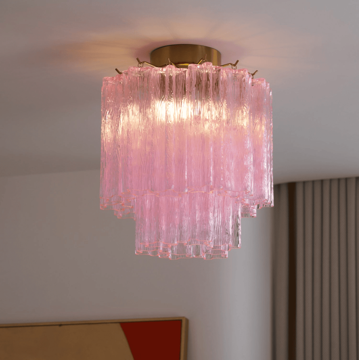 Candeeiro de teto Eiriel cor-de-rosa, em vidro Murano, em camadas, moderno, rente ao teto