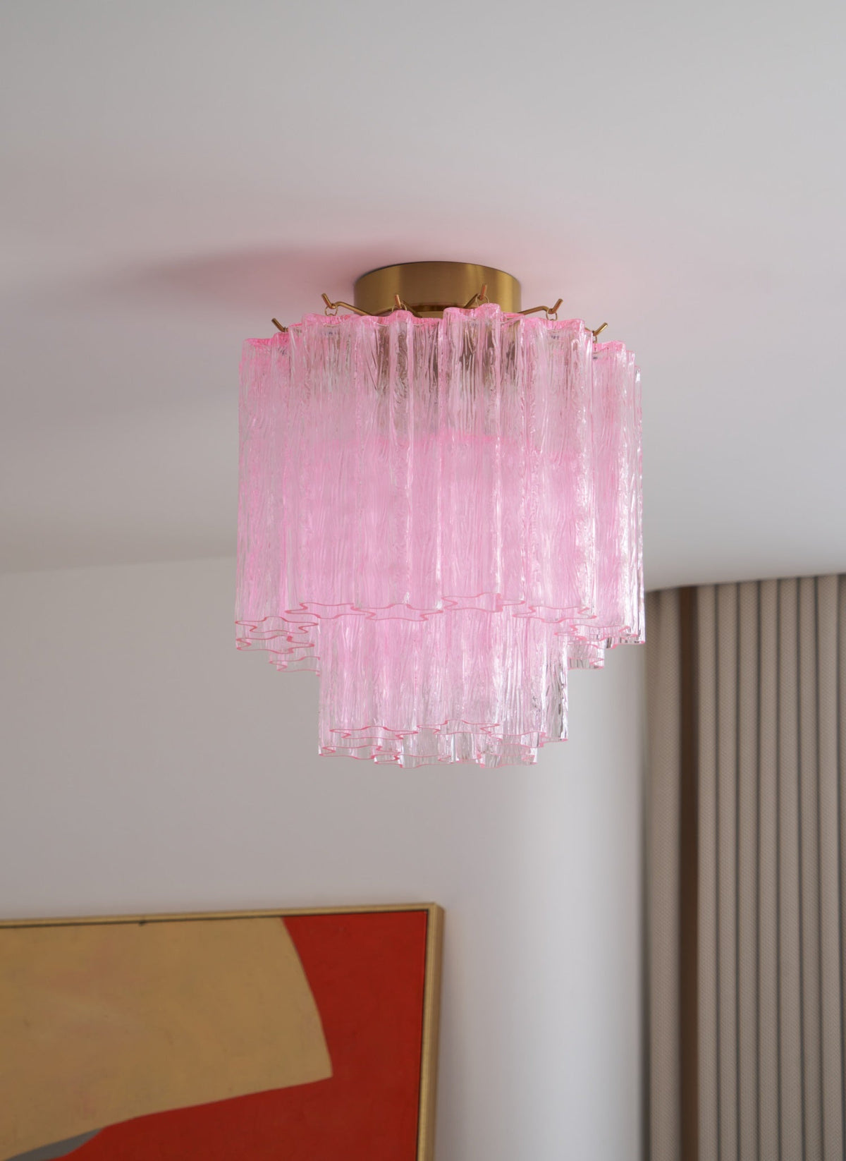 Candeeiro de teto Eiriel cor-de-rosa, em vidro Murano, em camadas, moderno, rente ao teto