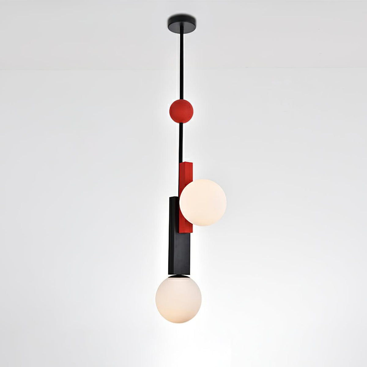 Veveny geometrisk pendellampa med dubbla glober och linjära stänger