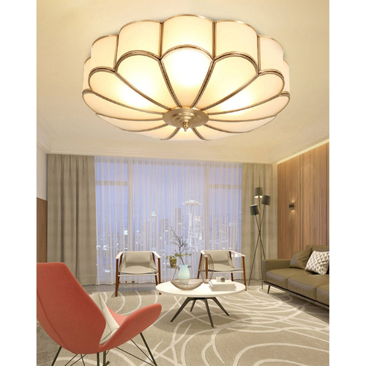 Eiroria blomstformet loftslampe i messing og glas