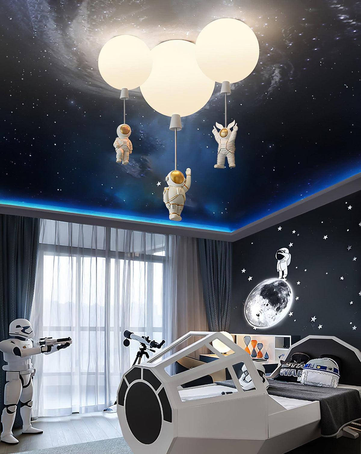 Nirerira loftslampe i akryl med ballon og astronaut, legende design til børneværelset