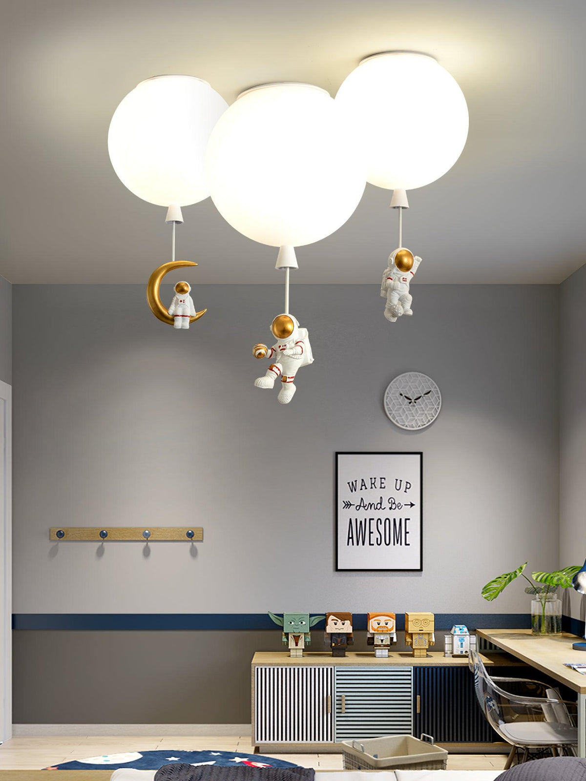 Nirerira loftslampe i akryl med ballon og astronaut, legende design til børneværelset