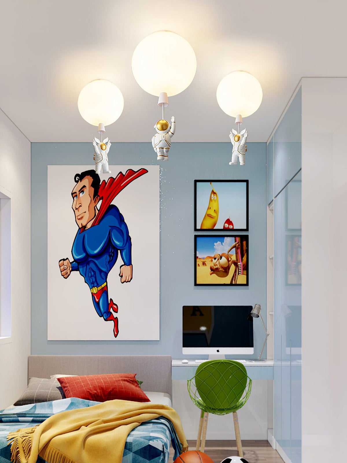 Nirerira loftslampe i akryl med ballon og astronaut, legende design til børneværelset