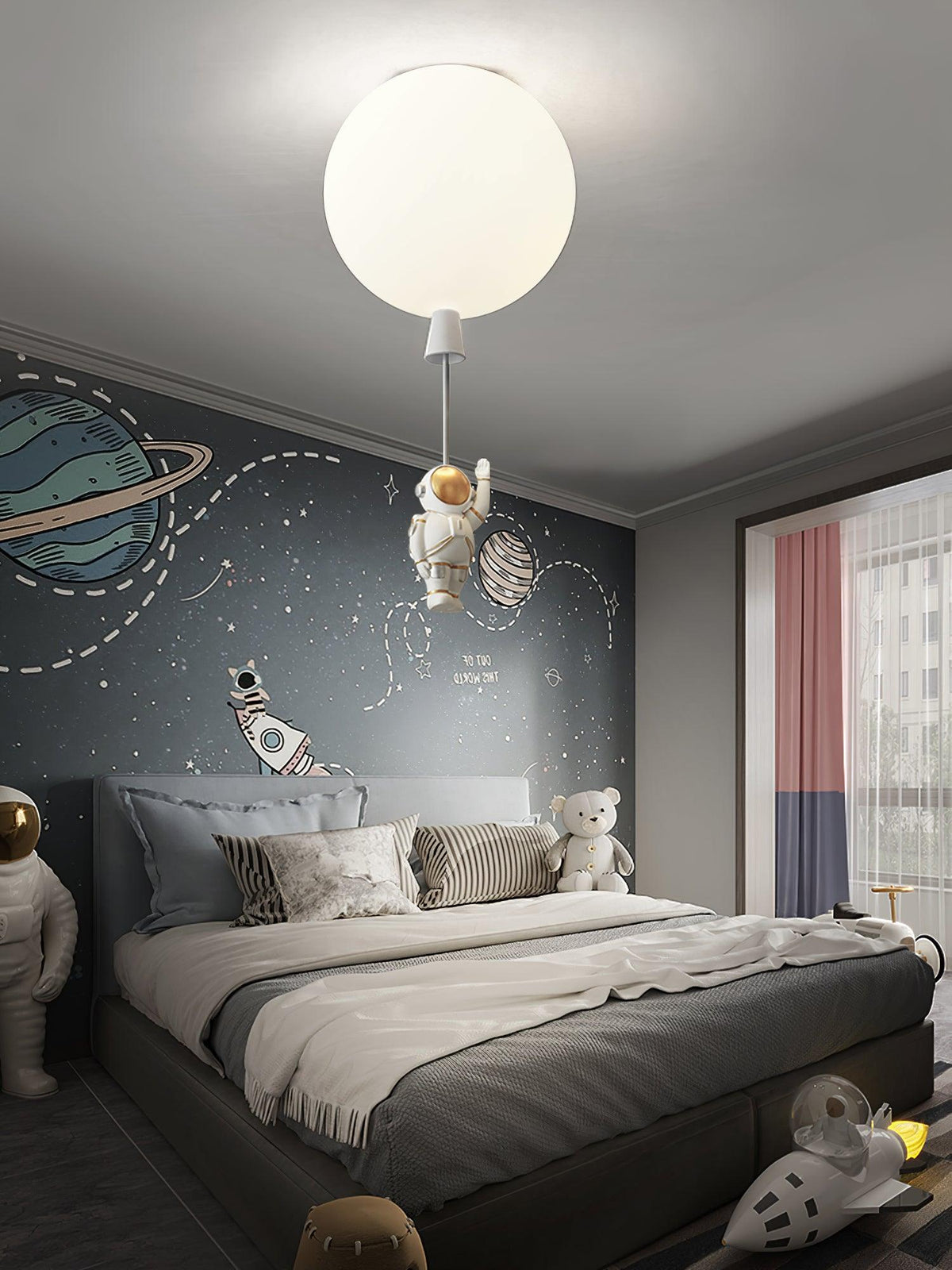 Nirerira loftslampe i akryl med ballon og astronaut, legende design til børneværelset