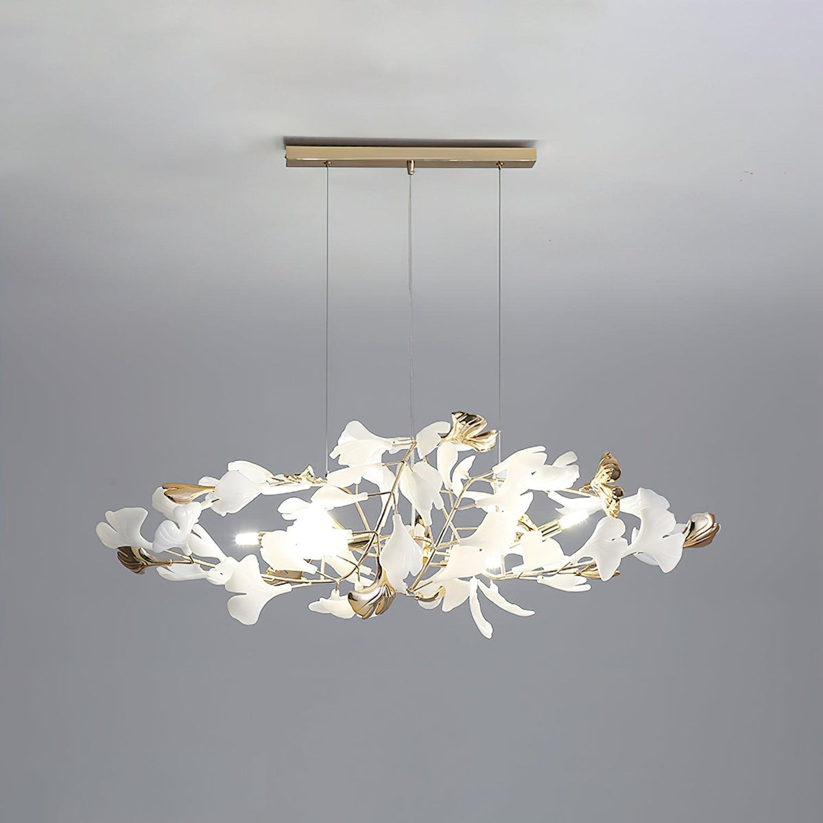 Candeeiro de teto elegante artístico Quiven, em cerâmica dourada com folha de ginkgo