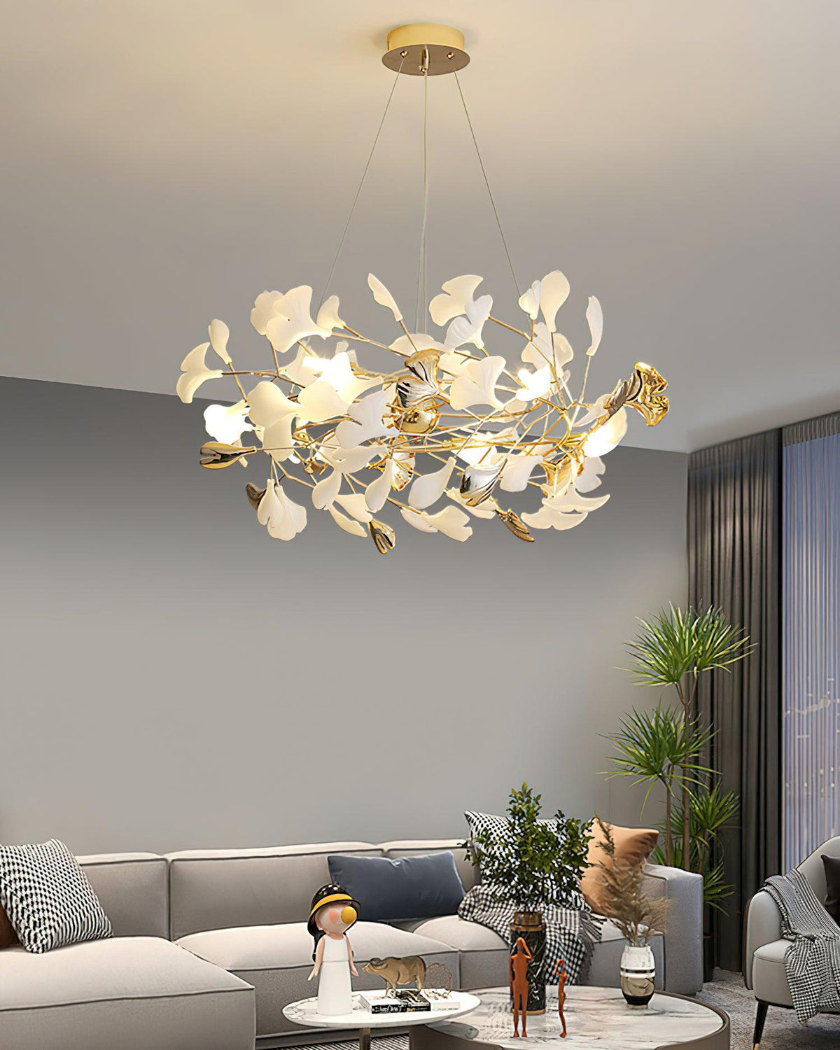 Candeeiro de teto elegante artístico Quiven, em cerâmica dourada com folha de ginkgo