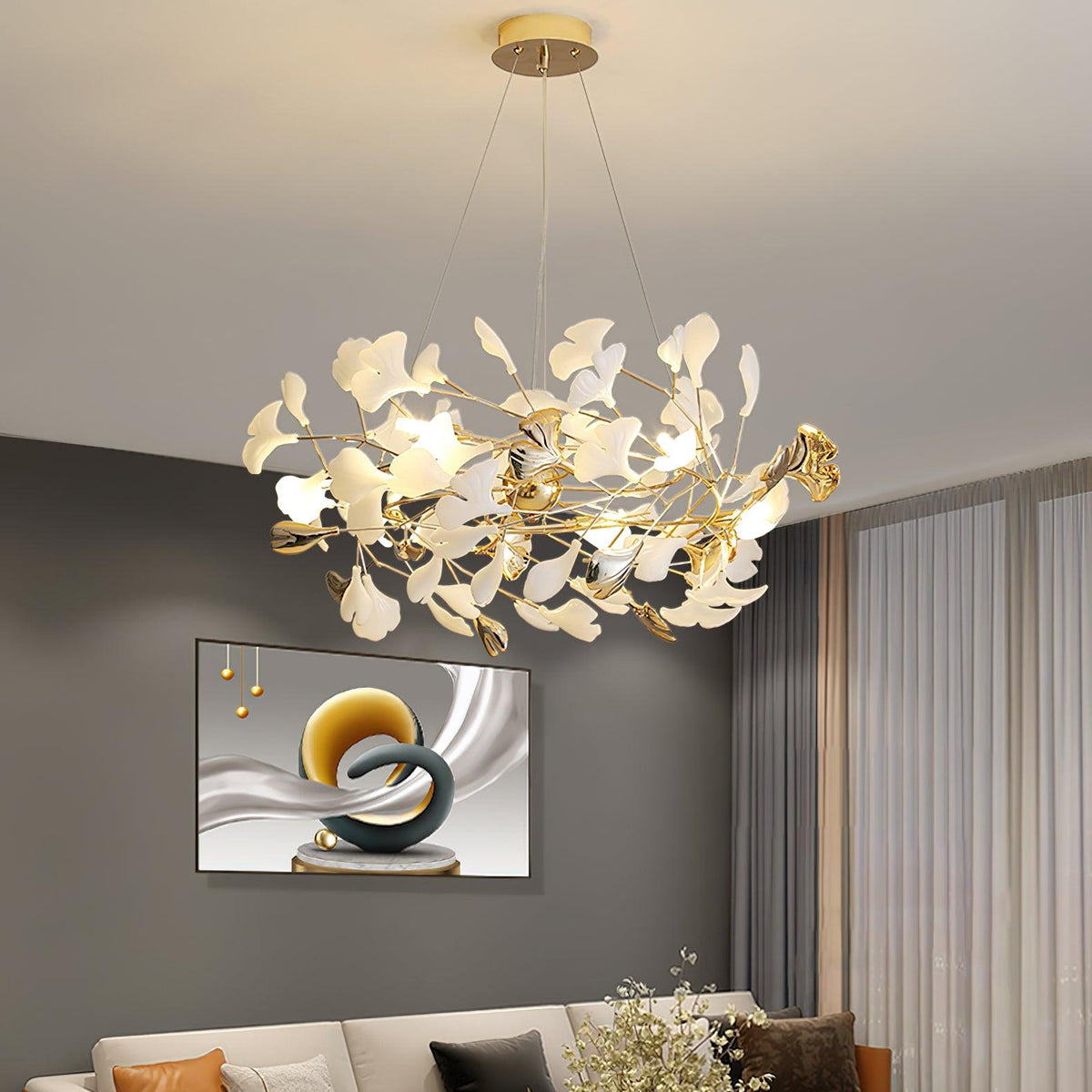 Candeeiro de teto elegante artístico Quiven, em cerâmica dourada com folha de ginkgo