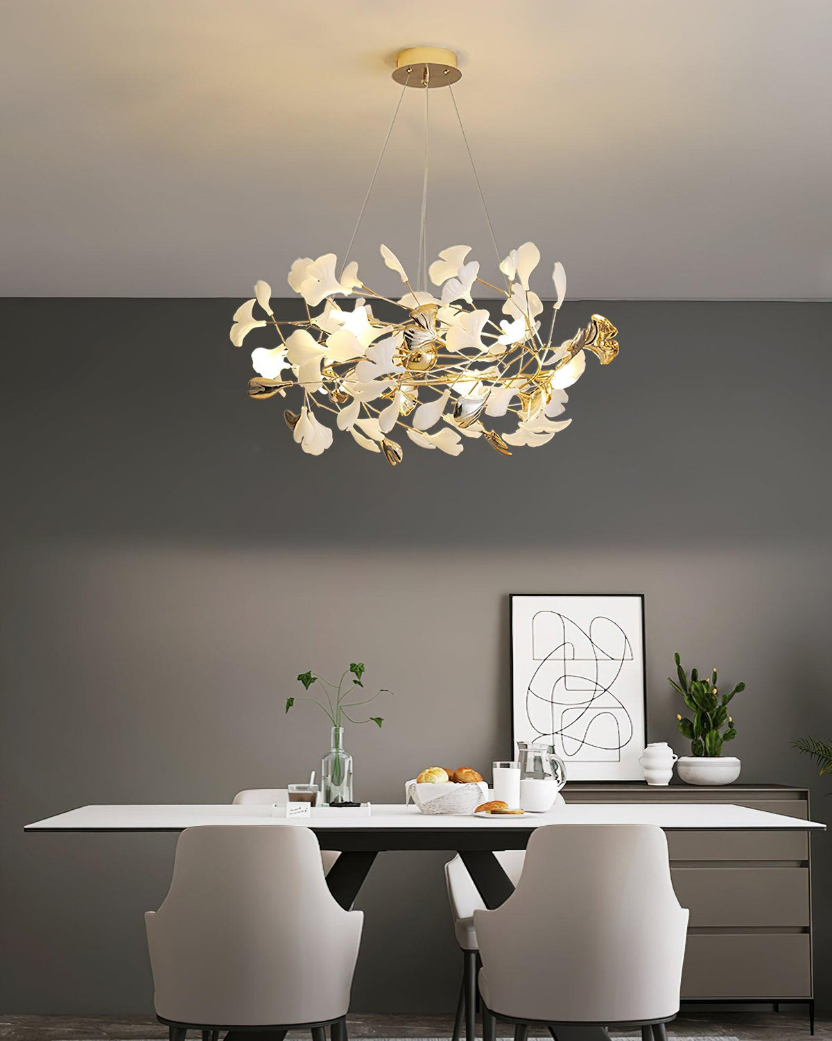 Candeeiro de teto elegante artístico Quiven, em cerâmica dourada com folha de ginkgo