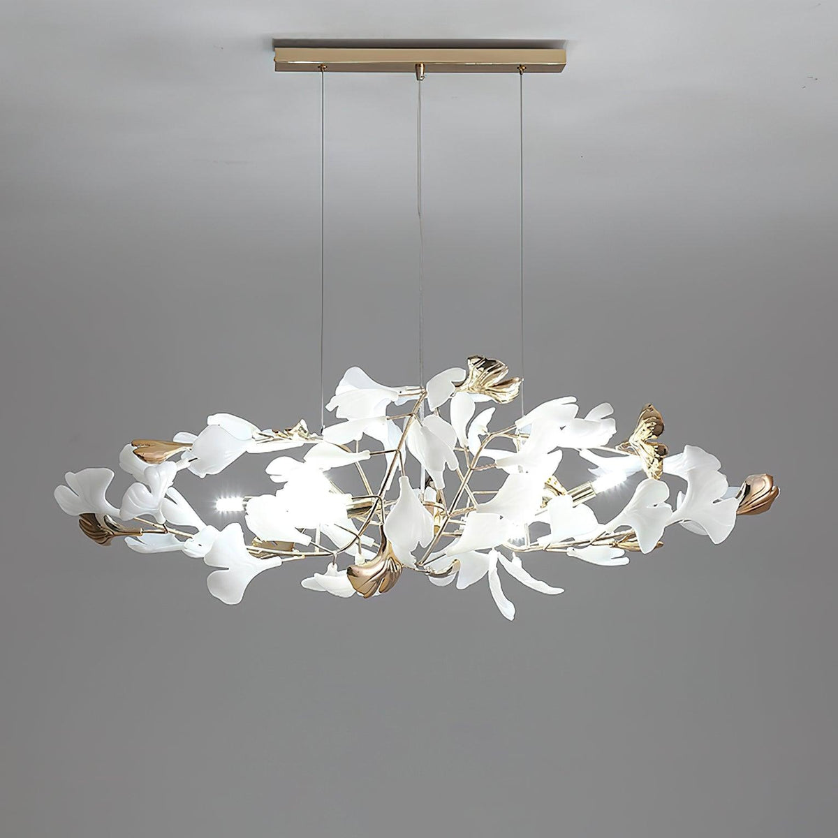 Candeeiro de teto elegante artístico Quiven, em cerâmica dourada com folha de ginkgo