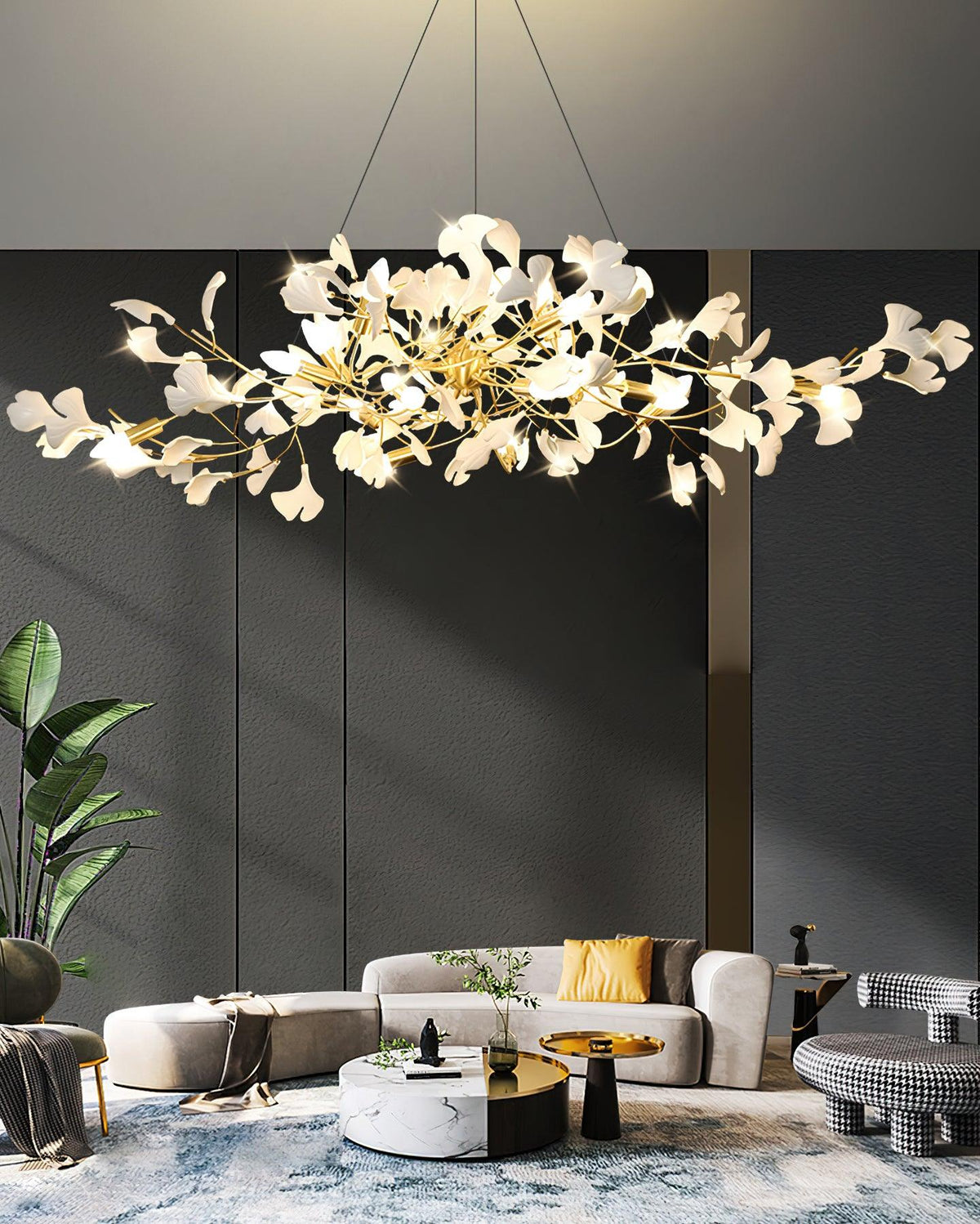 Dostix pendellampa med gingkoformade keramiska blad