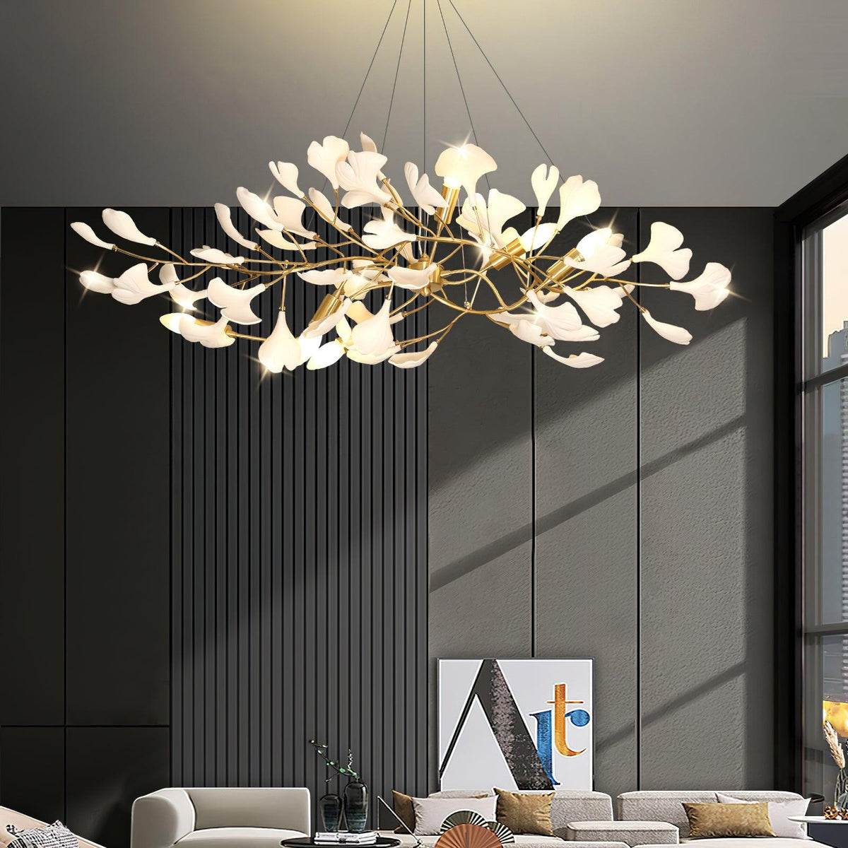 Dostix pendellampa med gingkoformade keramiska blad
