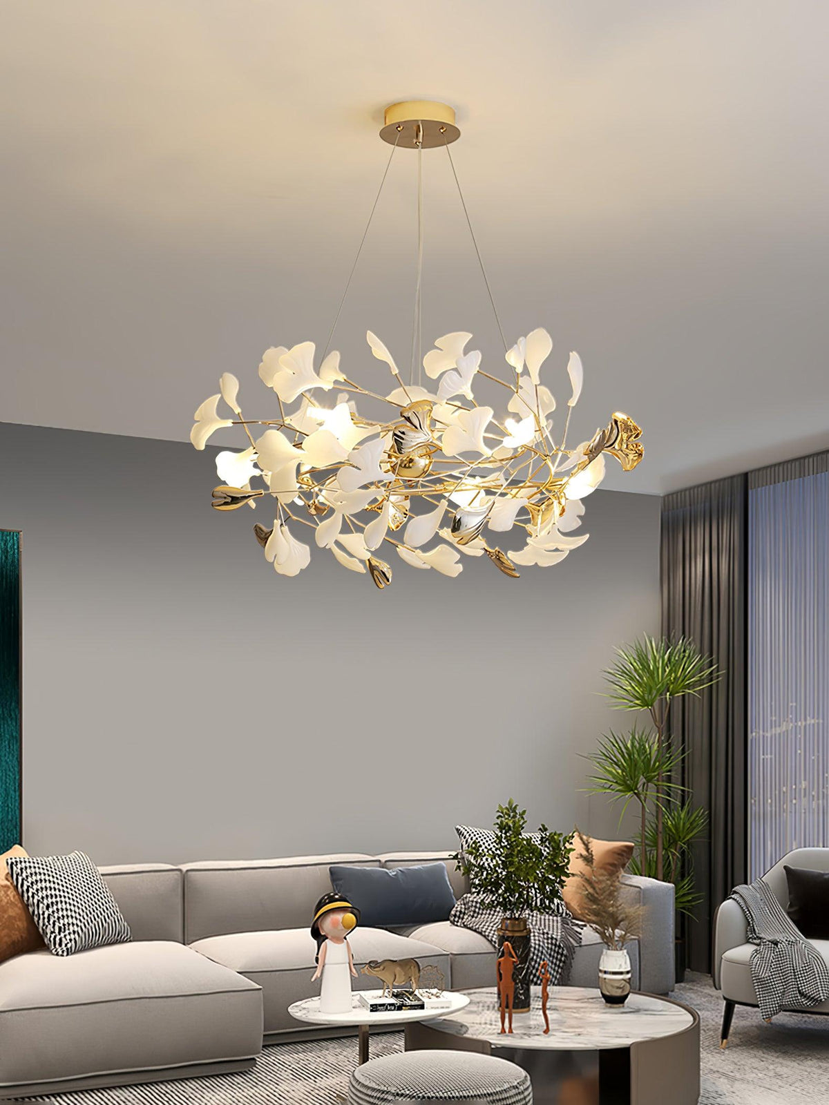 Candeeiro de teto elegante artístico Quiven, em cerâmica dourada com folha de ginkgo
