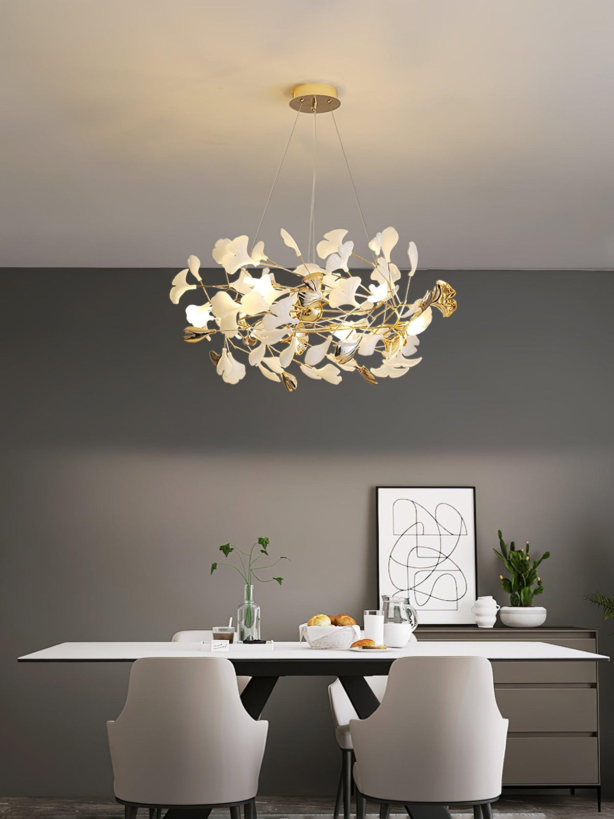 Candeeiro de teto elegante artístico Quiven, em cerâmica dourada com folha de ginkgo