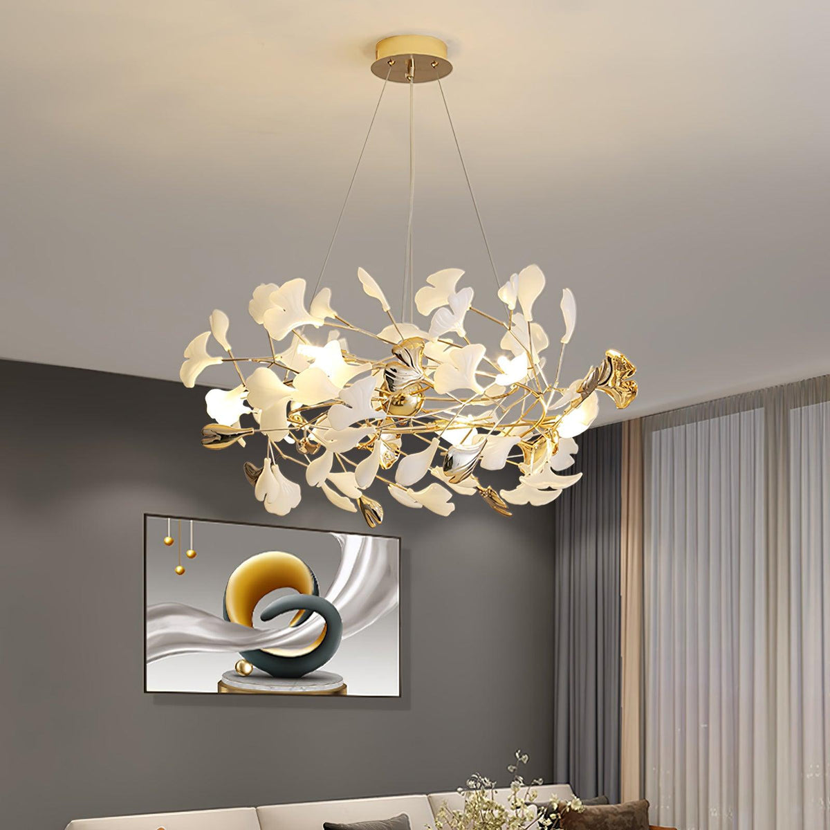 Candeeiro de teto elegante artístico Quiven, em cerâmica dourada com folha de ginkgo