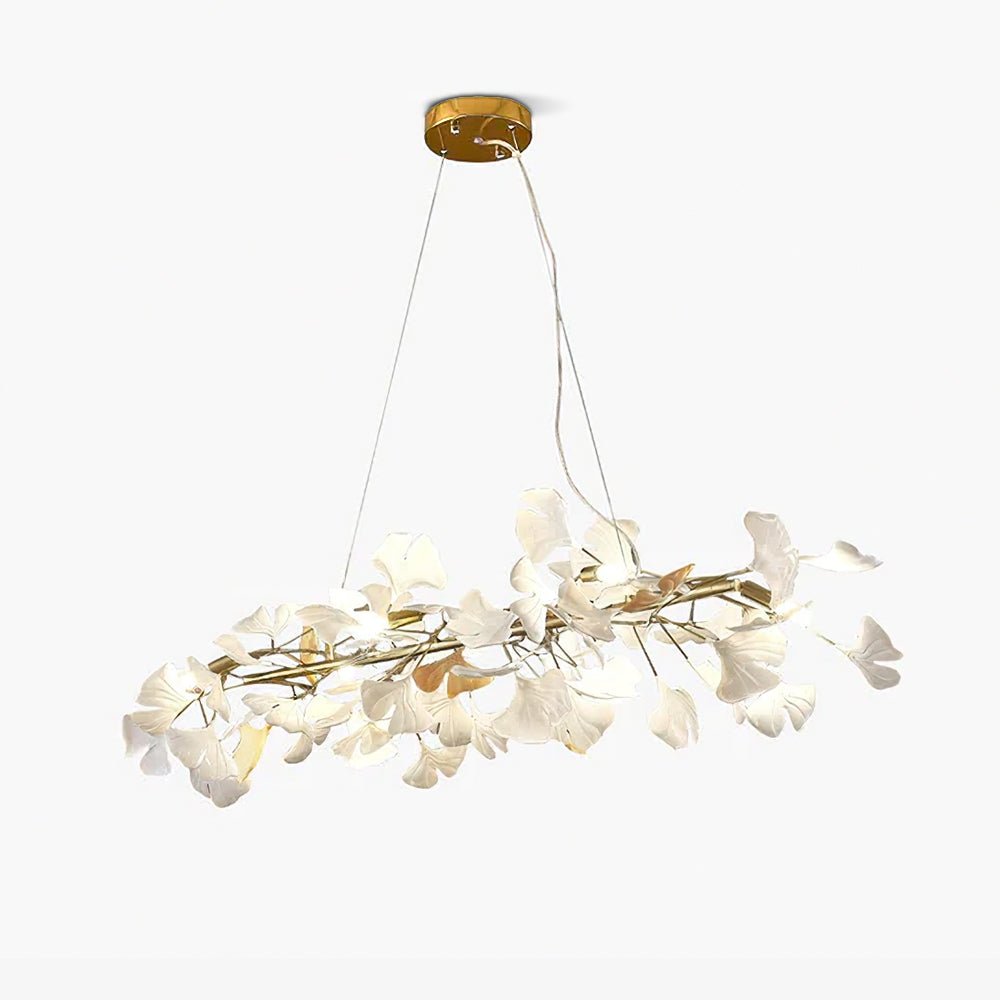 Candeeiro suspenso Rirove com pétalas de cerâmica em forma de ginkgo, douradas