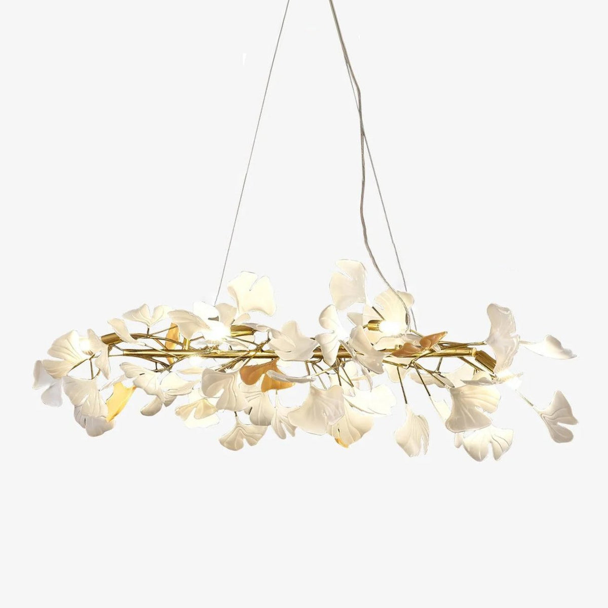 Candeeiro suspenso Rirove com pétalas de cerâmica em forma de ginkgo, douradas
