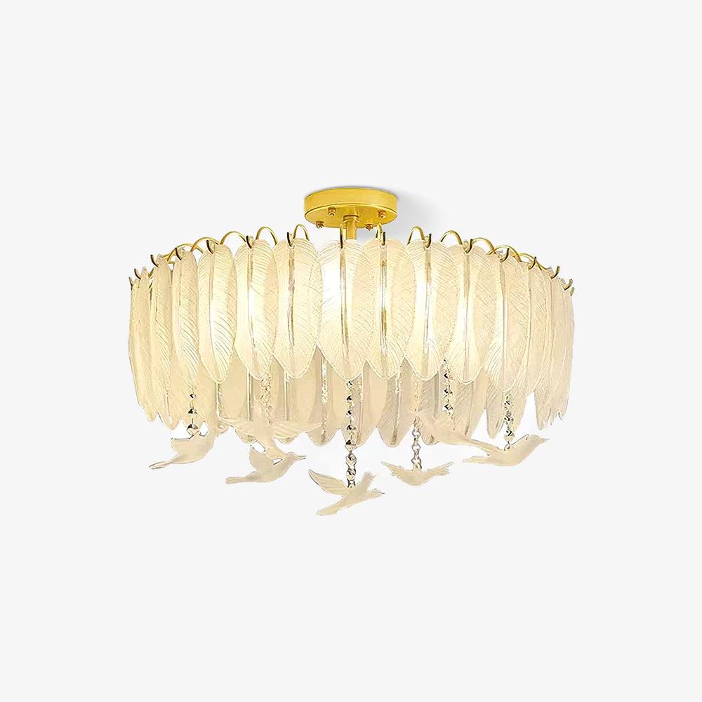 Eiriselle elegant taklampa i glas med fjäder- och fågelmotiv