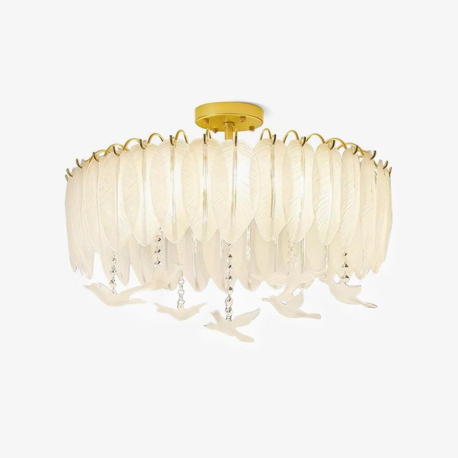 Eiriselle elegant taklampa i glas med fjäder- och fågelmotiv