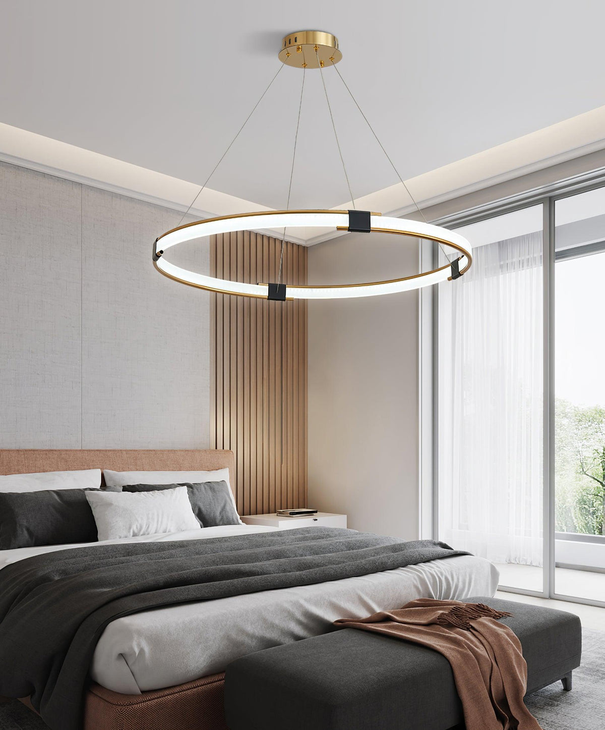Lavi moderne lysekrone med gylden ring og LED-halo