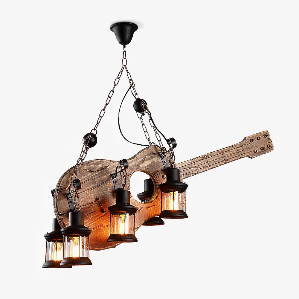 Elvisette pendellampe i guitarform, rustikt træ, vintage