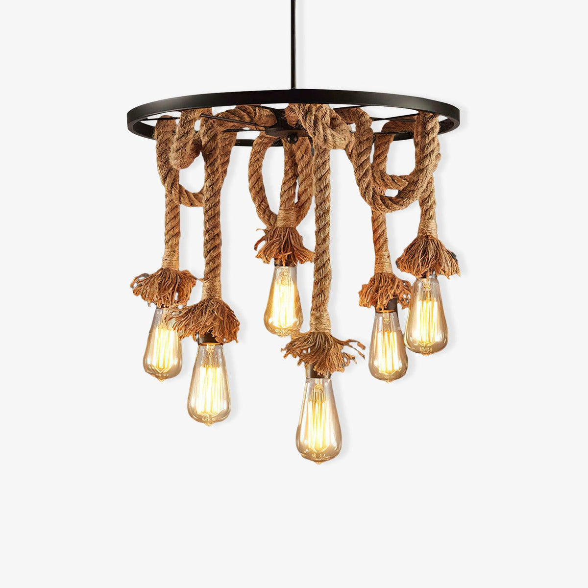 Soluaine-loftslampe med industrielt hampereb og seks fatninger
