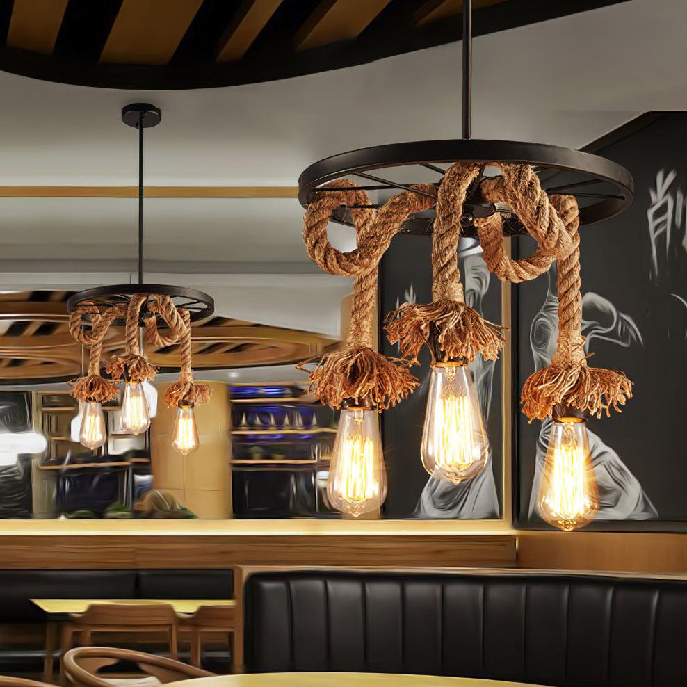 Soluaine-loftslampe med industrielt hampereb og seks fatninger