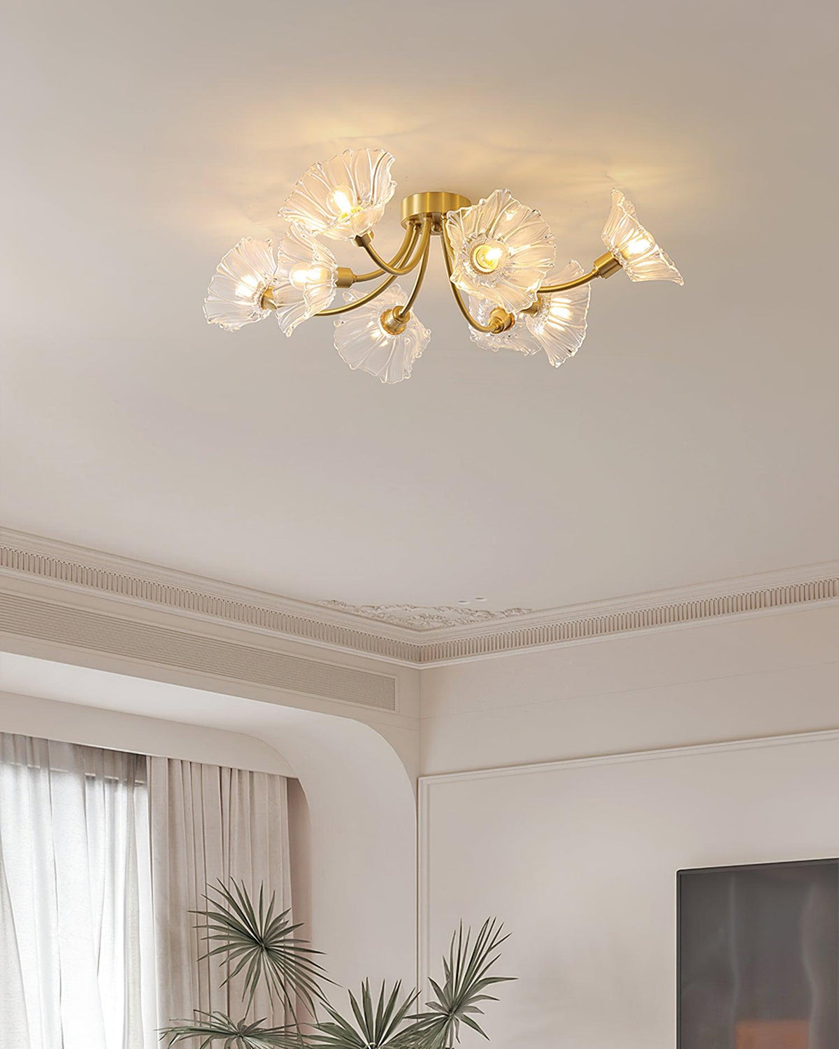 Candeeiro de teto Celoreria com pétalas de vidro em forma de flor, elegante e sofisticado