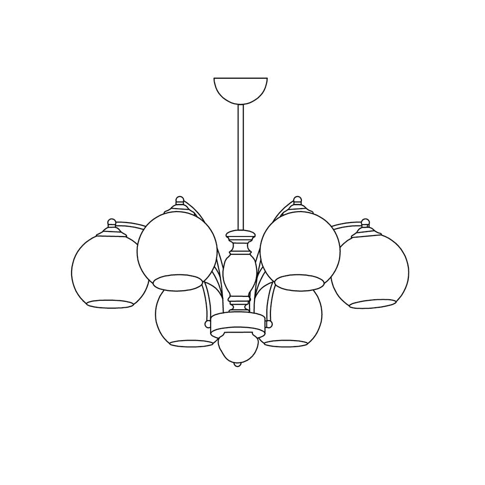Candelabro com cúpulas de vidro, estrutura metálica e detalhes em madeira, estilo de meados do século, ambiente sereno