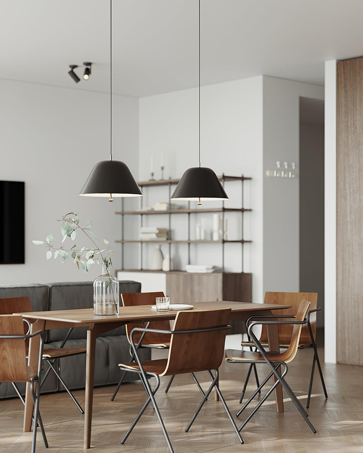 Moderne pendel med metalskærm i grøn og hvid, minimalistisk