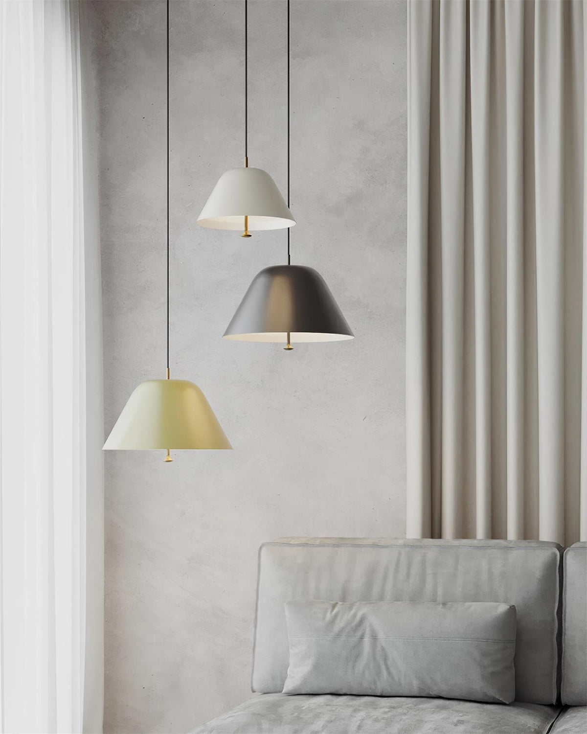 Moderne pendel med metalskærm i grøn og hvid, minimalistisk