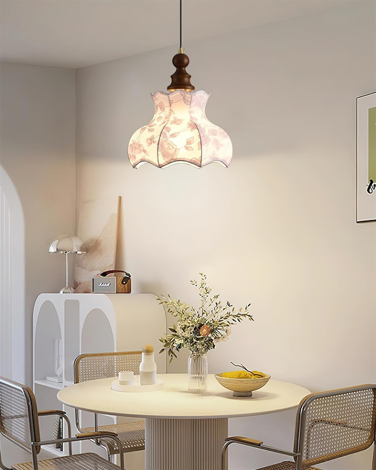 Pendant Lamp Metal and Wood Fabric Vintage Floral Elegant