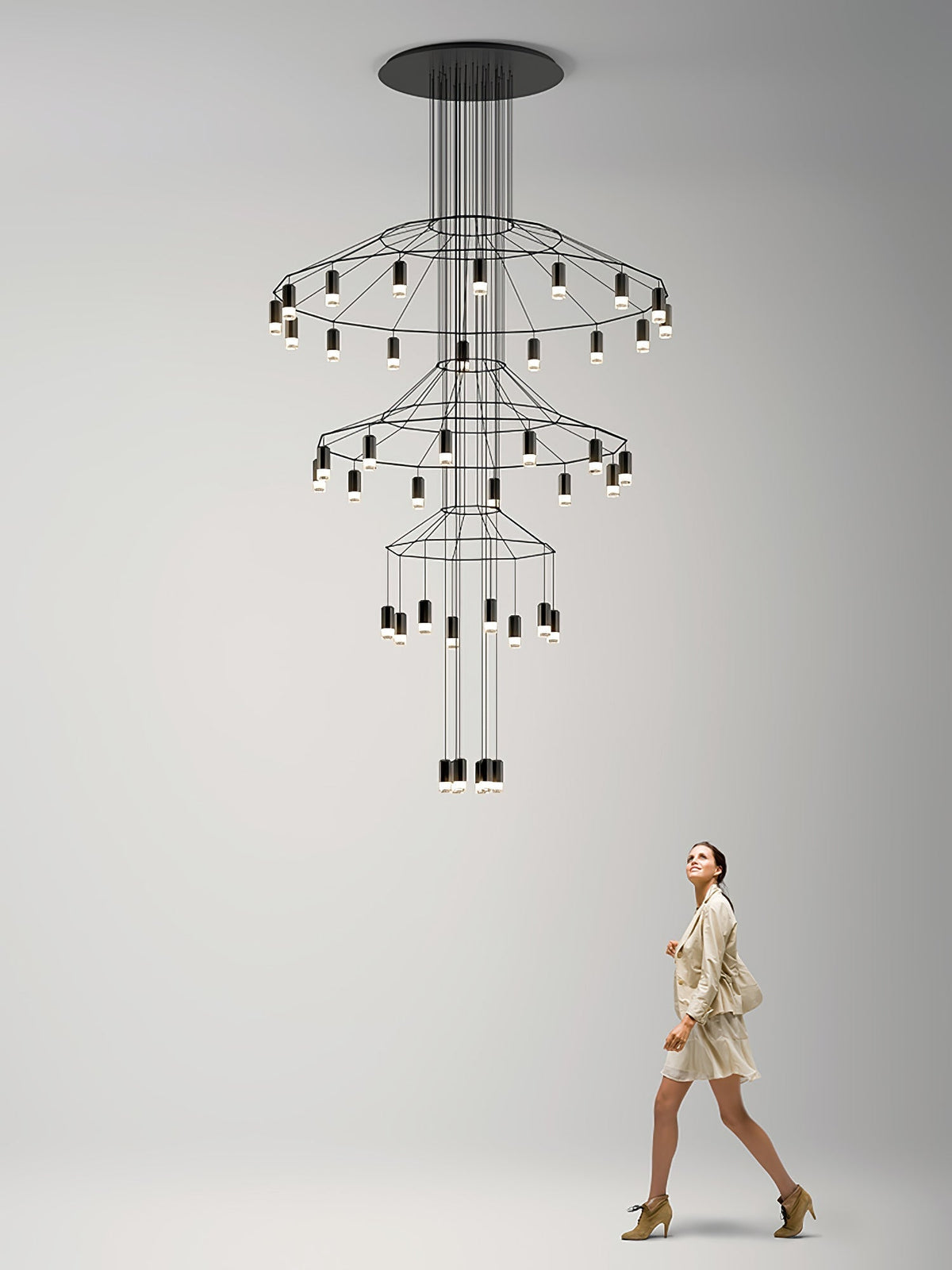 Candeeiro de teto Tevenq com linhas, estrutura de arame preta e LED