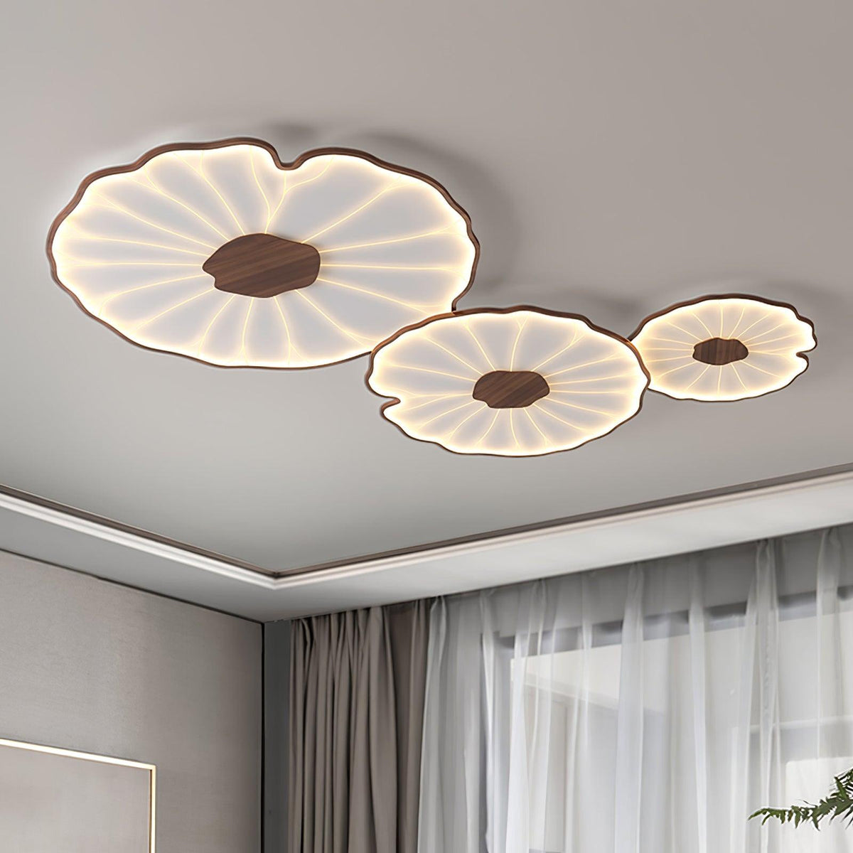 Rinorian-loftslampe med lotusblad og træfinish
