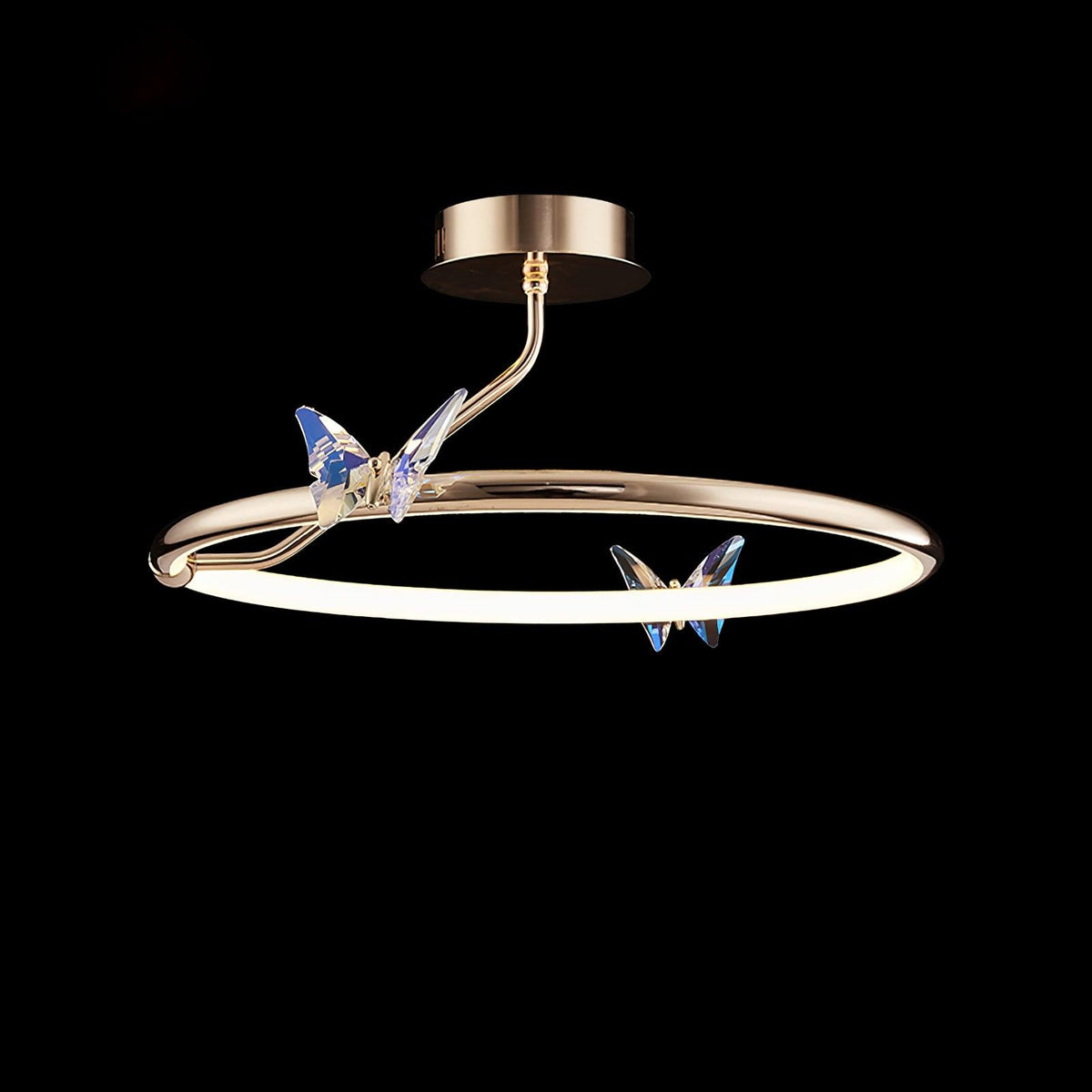 Candeeiro de teto Cyrelel com borboleta mágica, detalhes em cristal e aro LED
