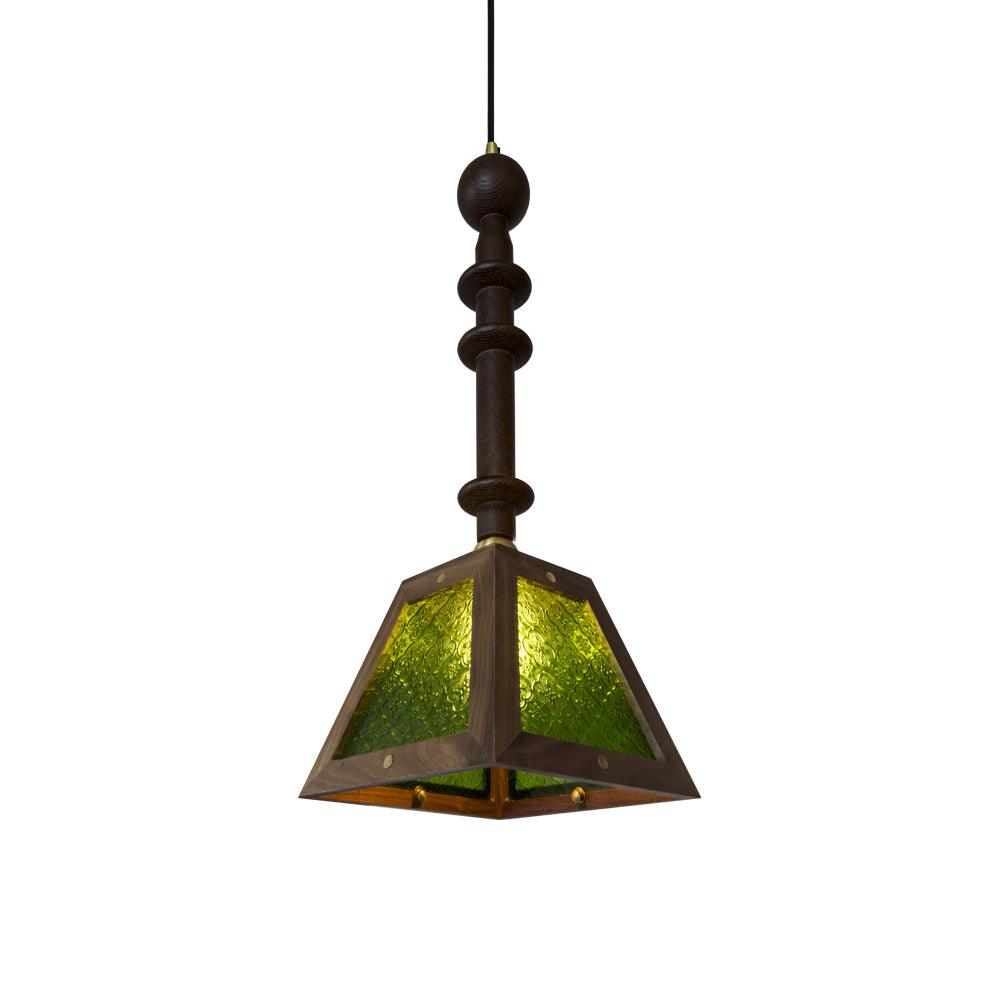 Zilten elegant vintagependellampa i glas och trä