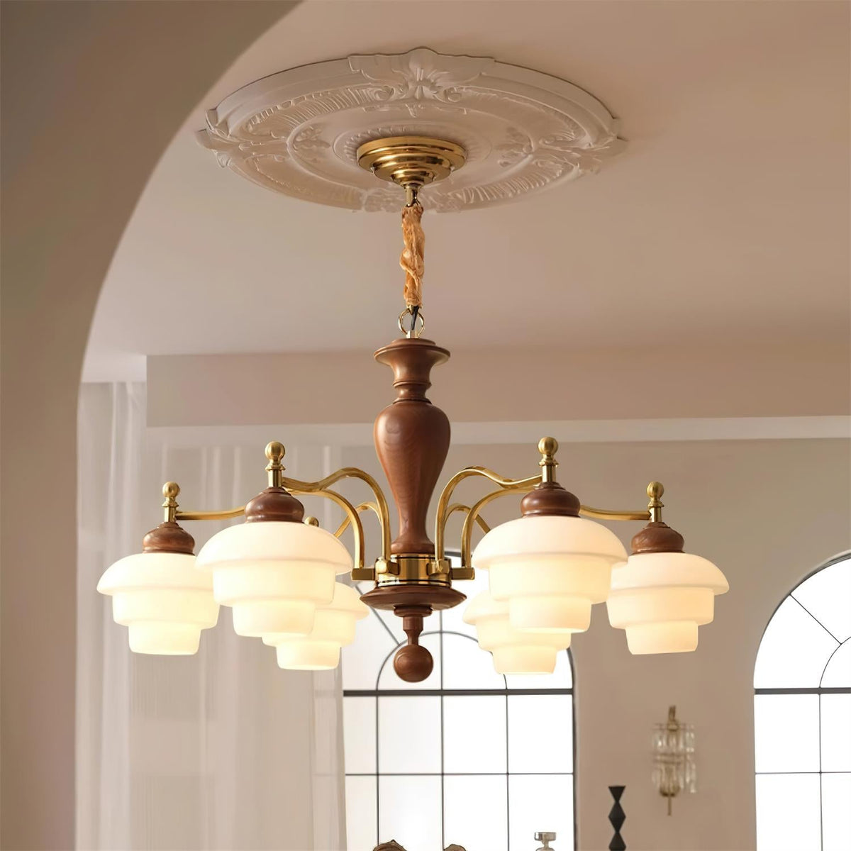 Elviora lysekrone, træ, glas, mid-century