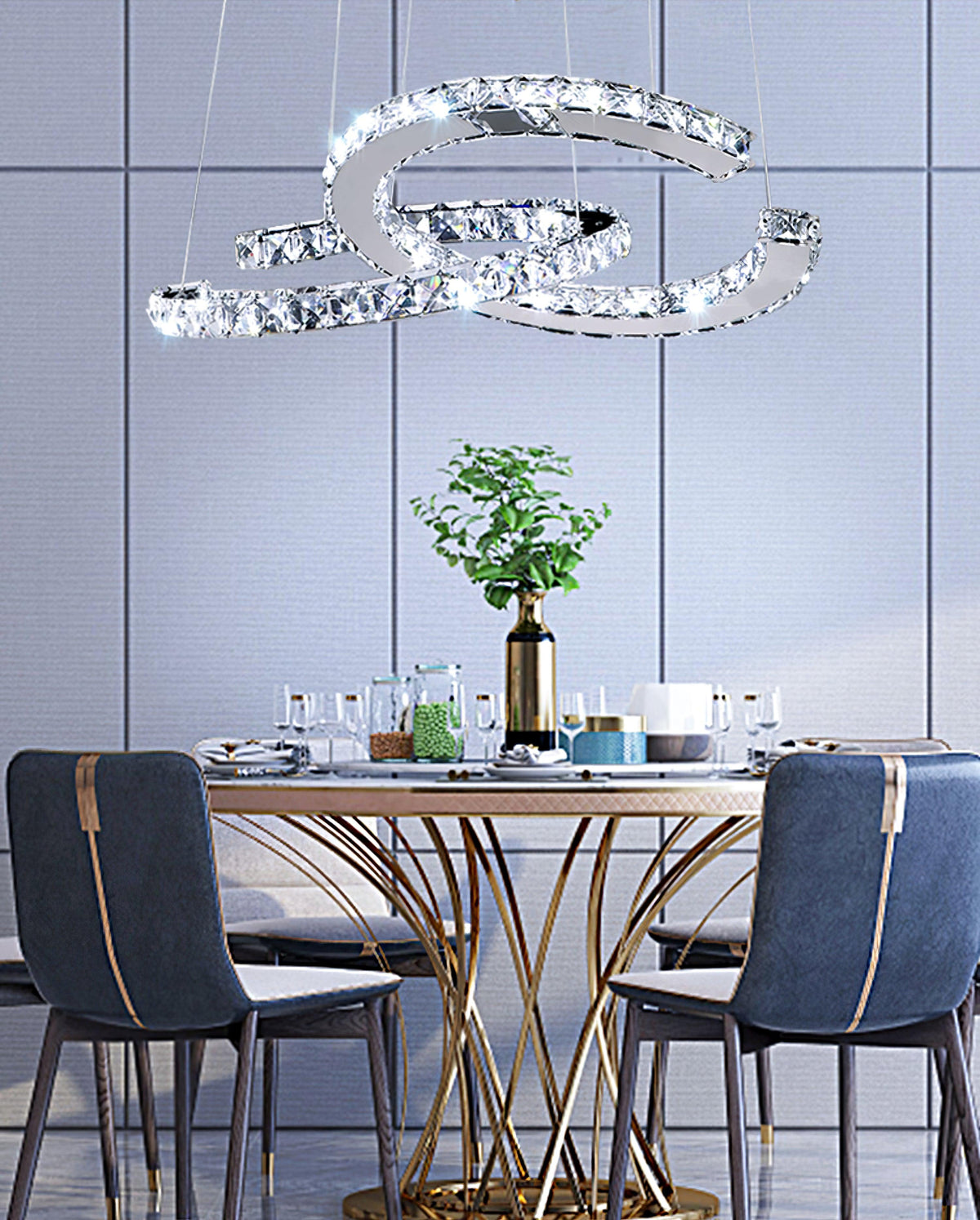 Luxisine ljósakróna úr kristal, tvöfalt C, silfurlituð, nútímaleg, með 2 hringjum