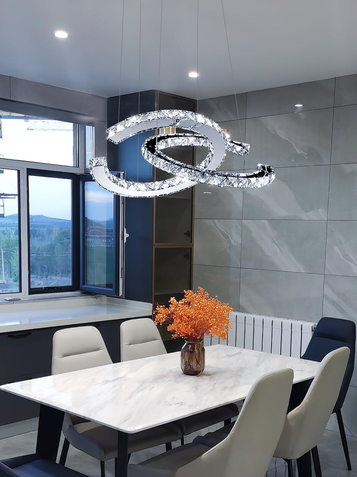 Luxisine ljósakróna úr kristal, tvöfalt C, silfurlituð, nútímaleg, með 2 hringjum