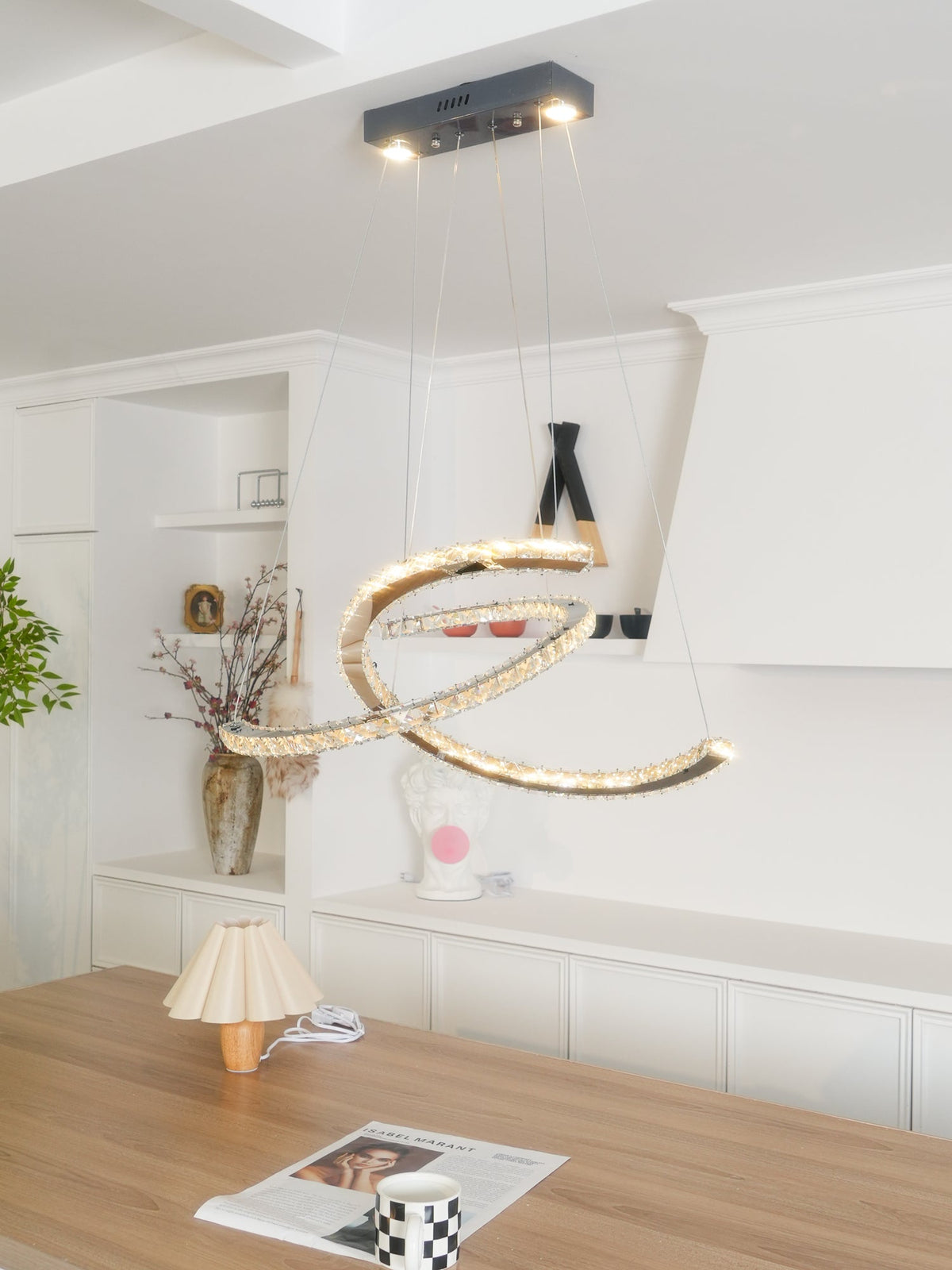 Luxisine ljósakróna úr kristal, tvöfalt C, silfurlituð, nútímaleg, með 2 hringjum