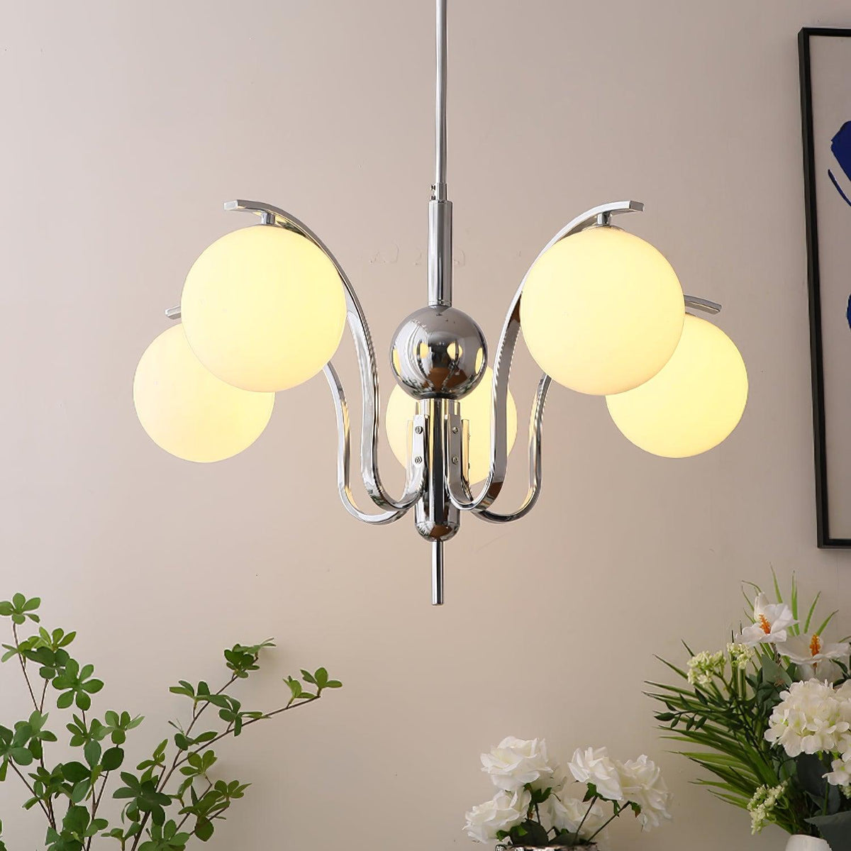 Eiroaria lysekrone i krom og glas, art deco, elegant