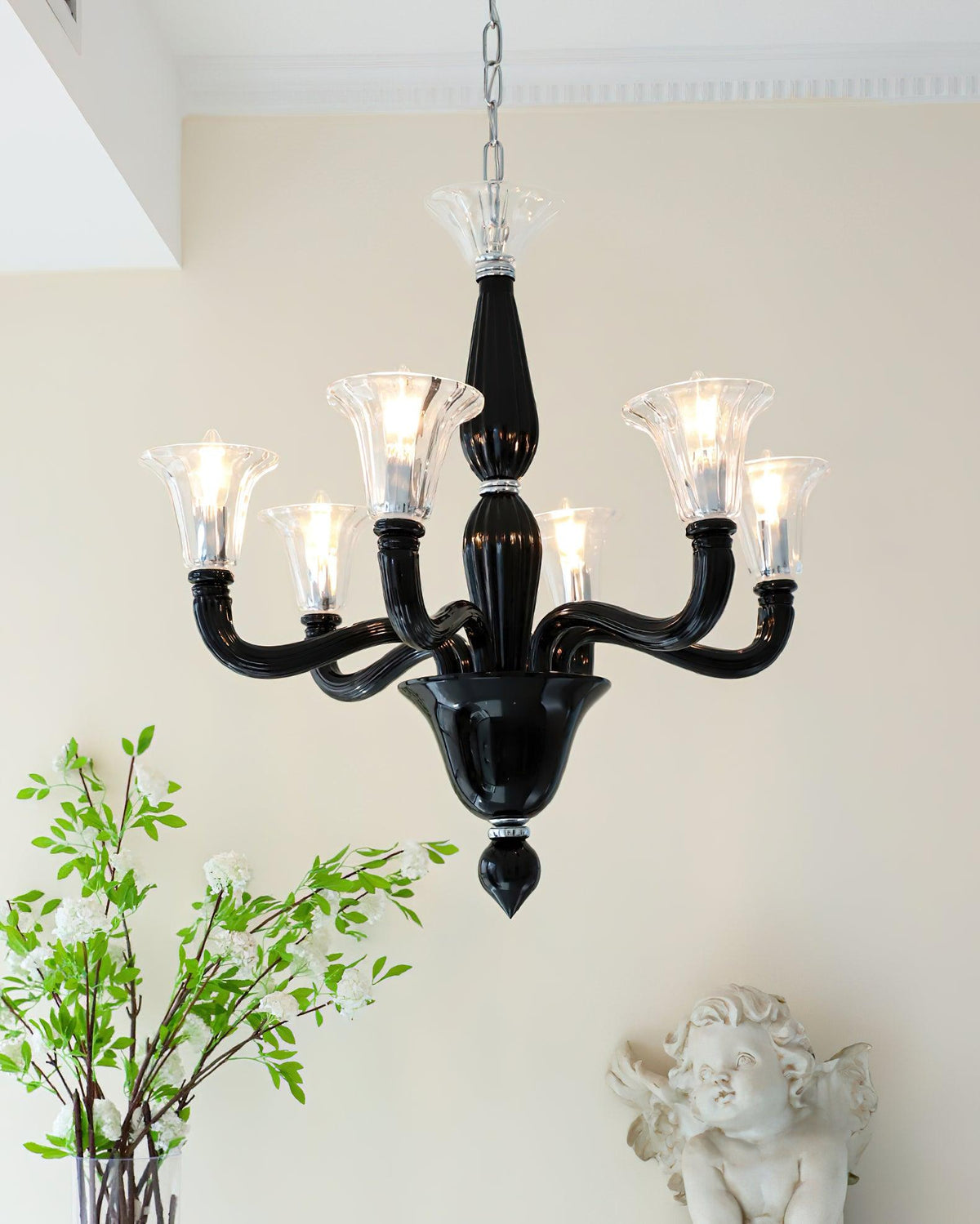 Candeeiro de teto Silten Preto Murano Braço para velas Vidro Clássico