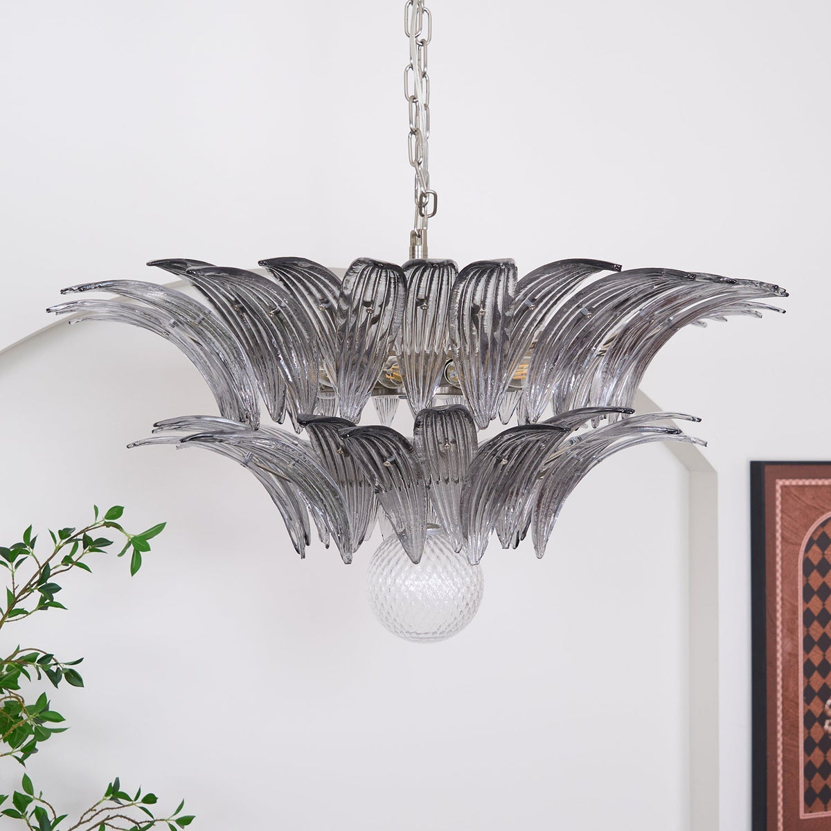 Candelabro Liororira com folha palmeta em vidro Murano transparente, em camadas